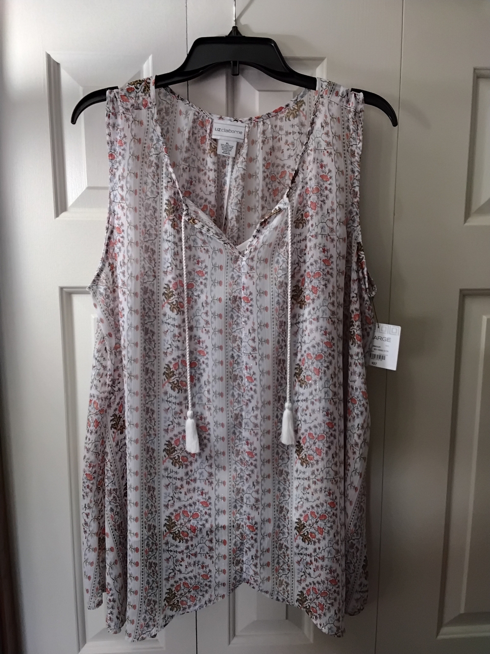 Liz Claiborne Sleeveless Floral Top with Tassel Tie and Camisole - White